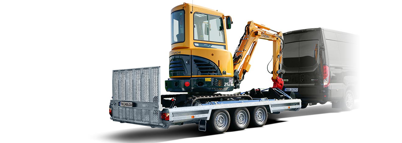 Remorque porte-engins Hulco Terrax-3 vue arrière avec pelleteuse – Remorques Franc Lyon