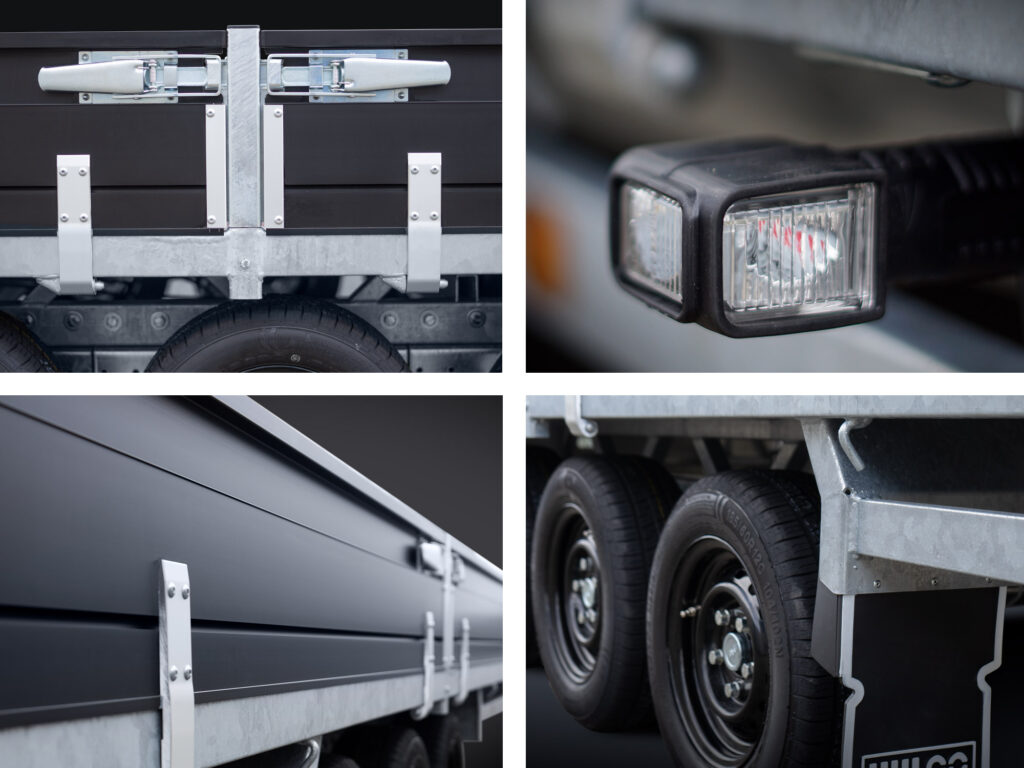 Go-Getter : ridelles noires, LED, boîte à outils – remorque plateau Hulco Medax Go-Getter