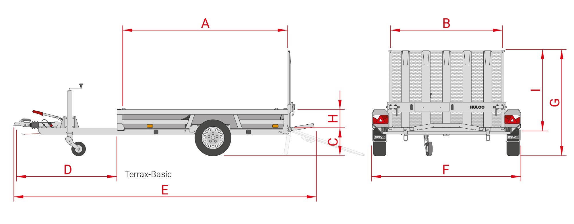 Schéma des dimensions de la remorque porte-engins Hulco Terrax Basic